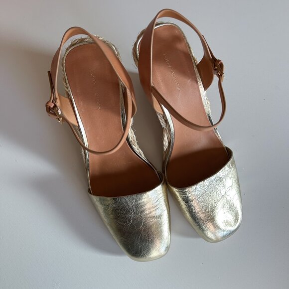Tory Burch Metallic Gold Leather Closed Toe High Espadrille 95mm Wedge Heels 8 M - Picture 3 of 10